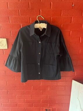 Boxy Button Front Jacket with Ruffle Sleeves - Navy